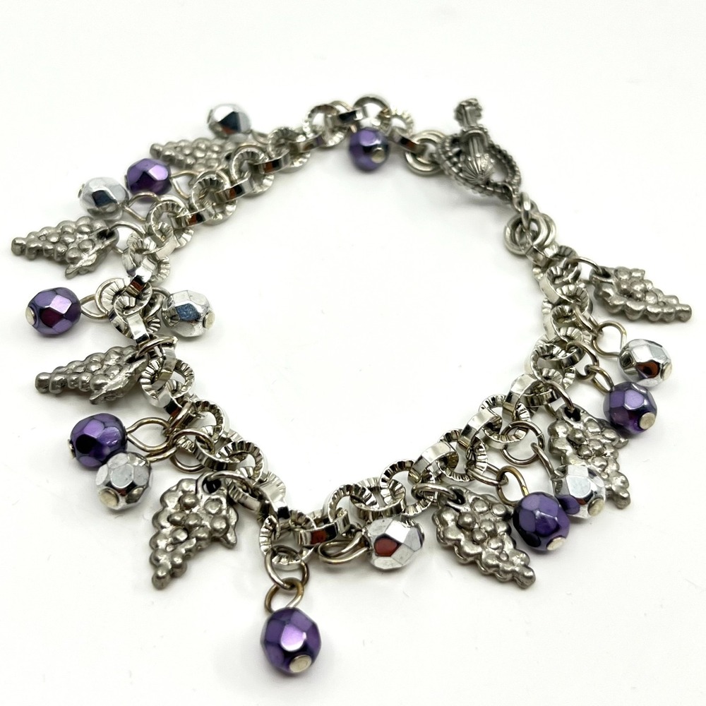 Vintage Silver Tone Purple Grape Cluster Charm Bracelet Toggle Boho Y2K‎ 7.25"